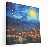 Side view of a stretched canvas depicting a serene Guatemalan landscape in lush green and earth tones.