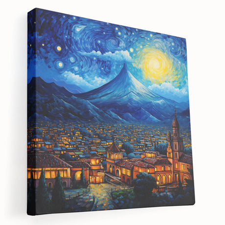 Side view of a stretched canvas depicting a serene Guatemalan landscape in lush green and earth tones.