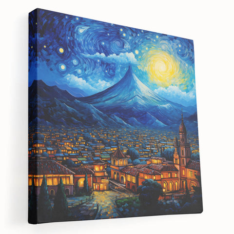 Side view of a stretched canvas depicting a serene Guatemalan landscape in lush green and earth tones.