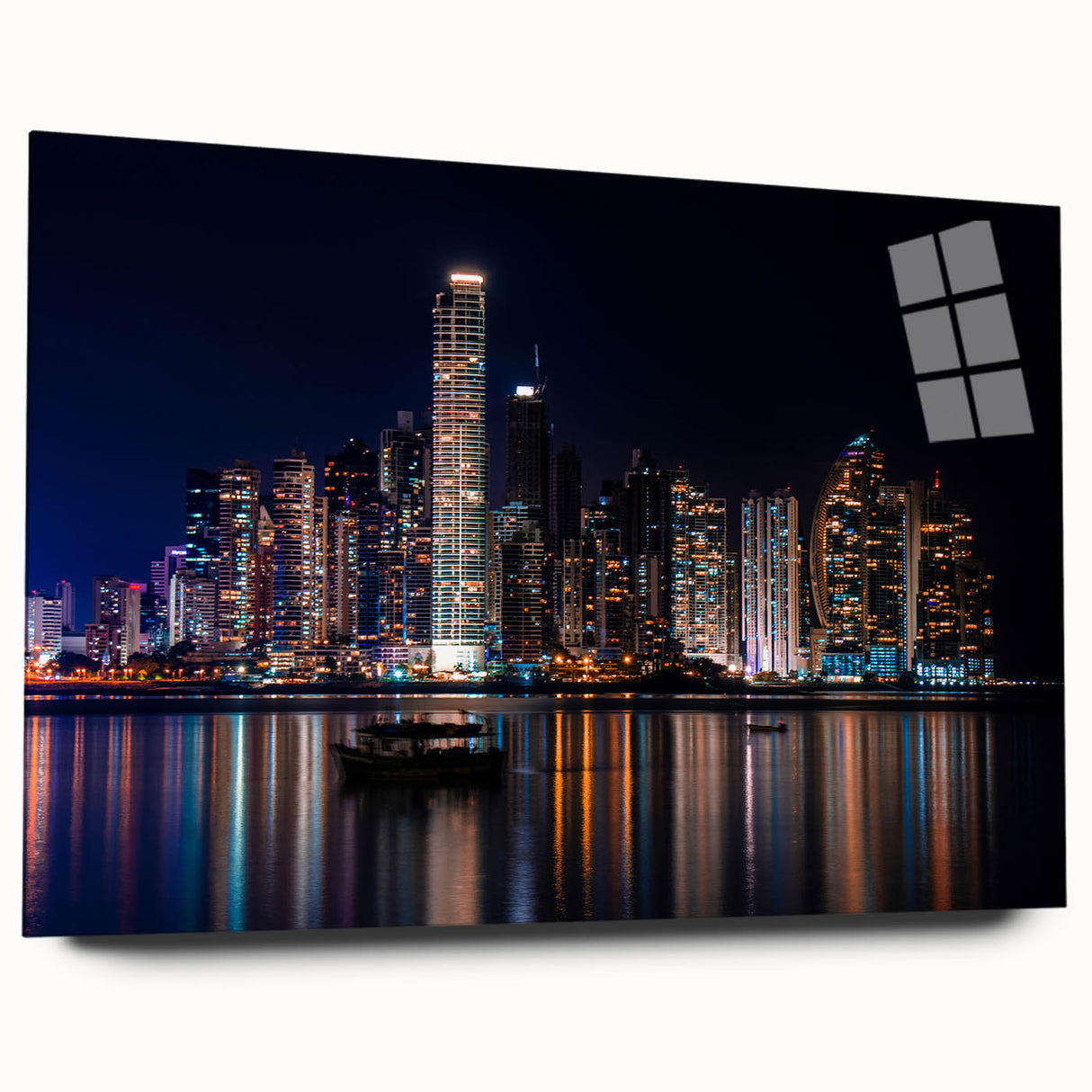Large abstract wall art depicting a panoramic view of a Central American scenery in vibrant green and blue tones.