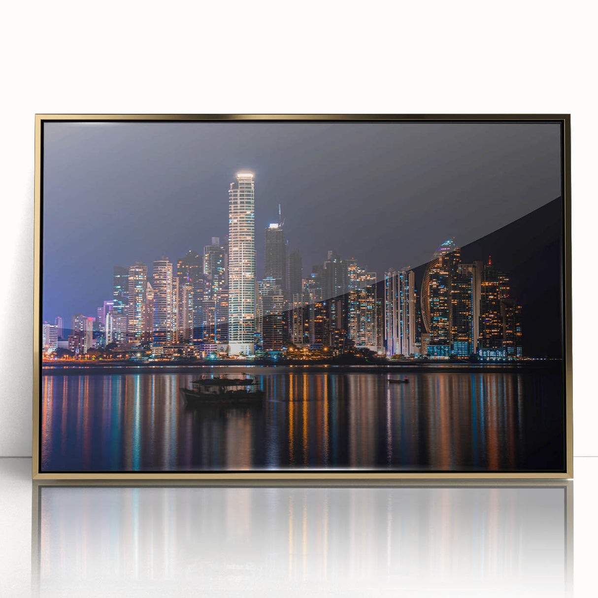 Acrylic print of a Central America panorama in gold frame, featuring mid-century modernist style.