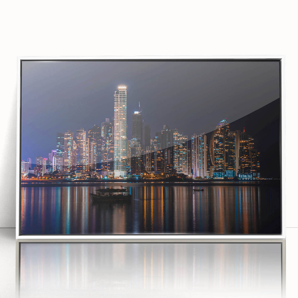 Art deco poster of Panama scenery in acrylic, framed in white, ideal for modern nursery wall art.