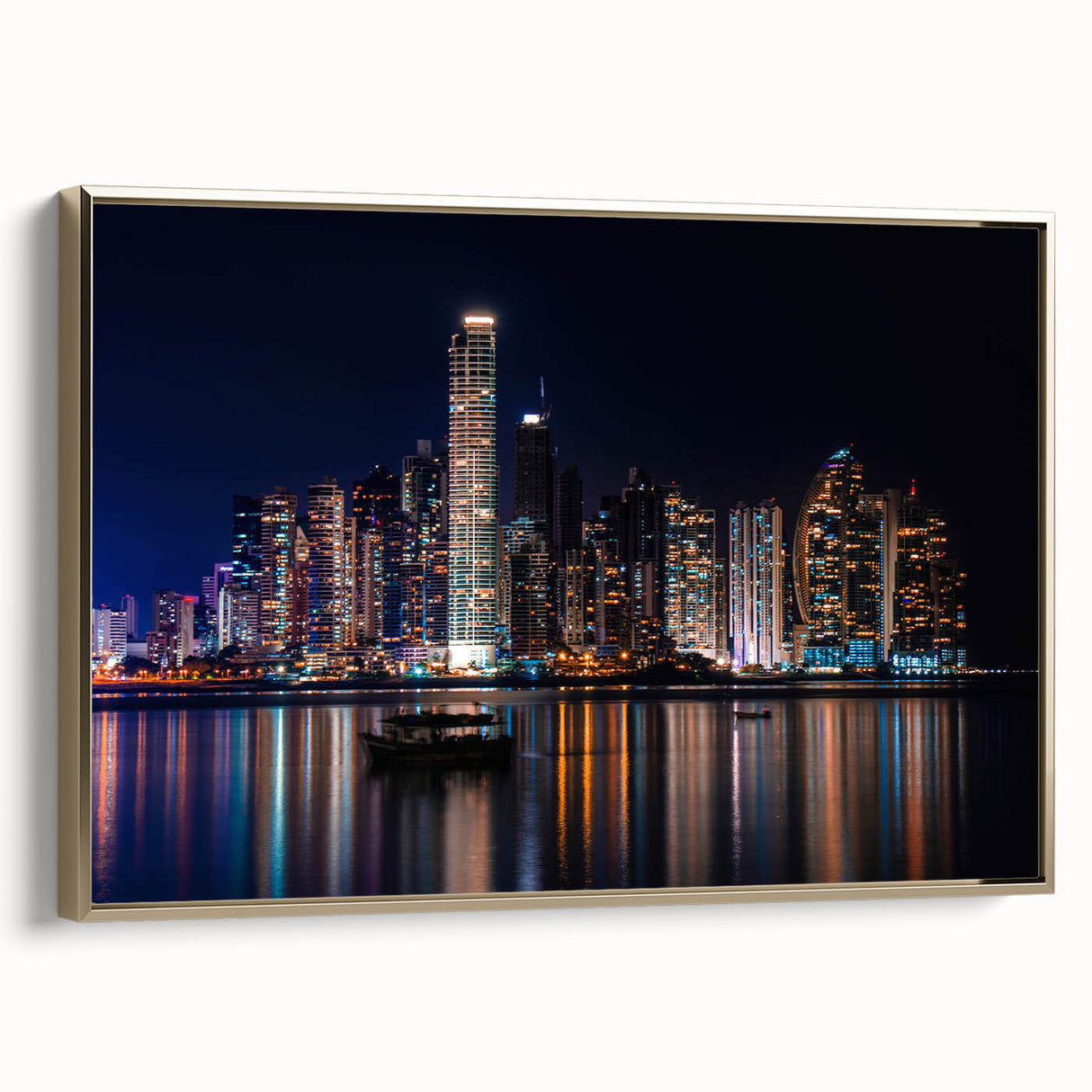 Framed canvas wall art of a vintage-style Panama landscape in black and gold tones, ideal for bedroom decor.