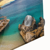 Mid-century modernist abstract scene in muted earth tones on acrylic glass, suitable for dining room art.