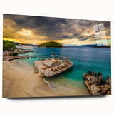 Large abstract wall art depicting a European Albanian scenery in muted earth tones on acrylic glass.