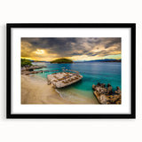 Extra large abstract art print featuring vibrant, colorful textures of an Albanian scenery on a framed black mat.