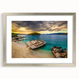 Extra large abstract art print depicting a textured European scenery in muted earth tones, framed in silver.