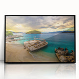 Large abstract wall art depicting a European scenery in Albania, with muted earth tones on a framed acrylic.