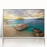 Mid-century modernist art depicting an abstract European landscape in muted earth tones on a white-framed acrylic print.