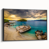 Black and white framed canvas featuring a vintage-style Albanian landscape, ideal for bedroom wall decor.