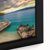 Extra large framed canvas featuring a textured, colorful European Albanian scenery on a black background.
