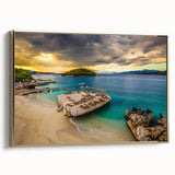 Framed canvas featuring a vintage-style landscape painting of an Albanian scenery, ideal for bedroom wall art.