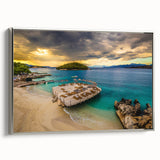 Framed canvas landscape art painting of a European Albanian scenery in muted black and colorful tones.