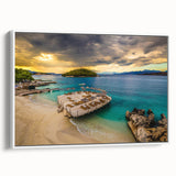 Vintage poster art of a scenic Albanian landscape on a framed canvas, featuring colorful art in extra large format.