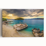 Black and white image of a European Albanian landscape on stretched canvas, ideal for kitchen wall art.