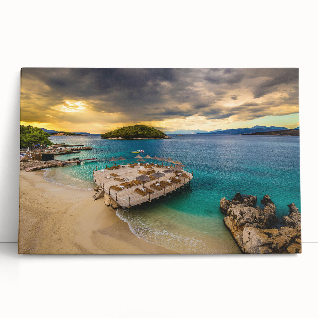 Large black and white stretched canvas of a European Albanian landscape, ideal for kitchen wall art.