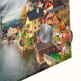 Large abstract wall art featuring a mid-century modernist scene of a European landscape in muted earth tones on acrylic…