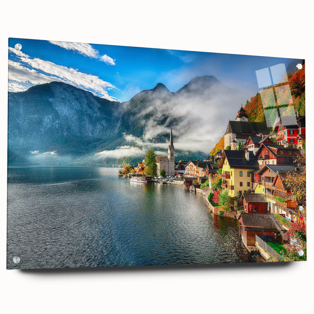 Acrylic print of a scenic Austrian landscape in muted earth tones, suitable for bedroom or dining room decor.