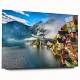 Acrylic glass print of a serene Austrian landscape in soft green and blue tones, ideal for bedroom or dining room art.