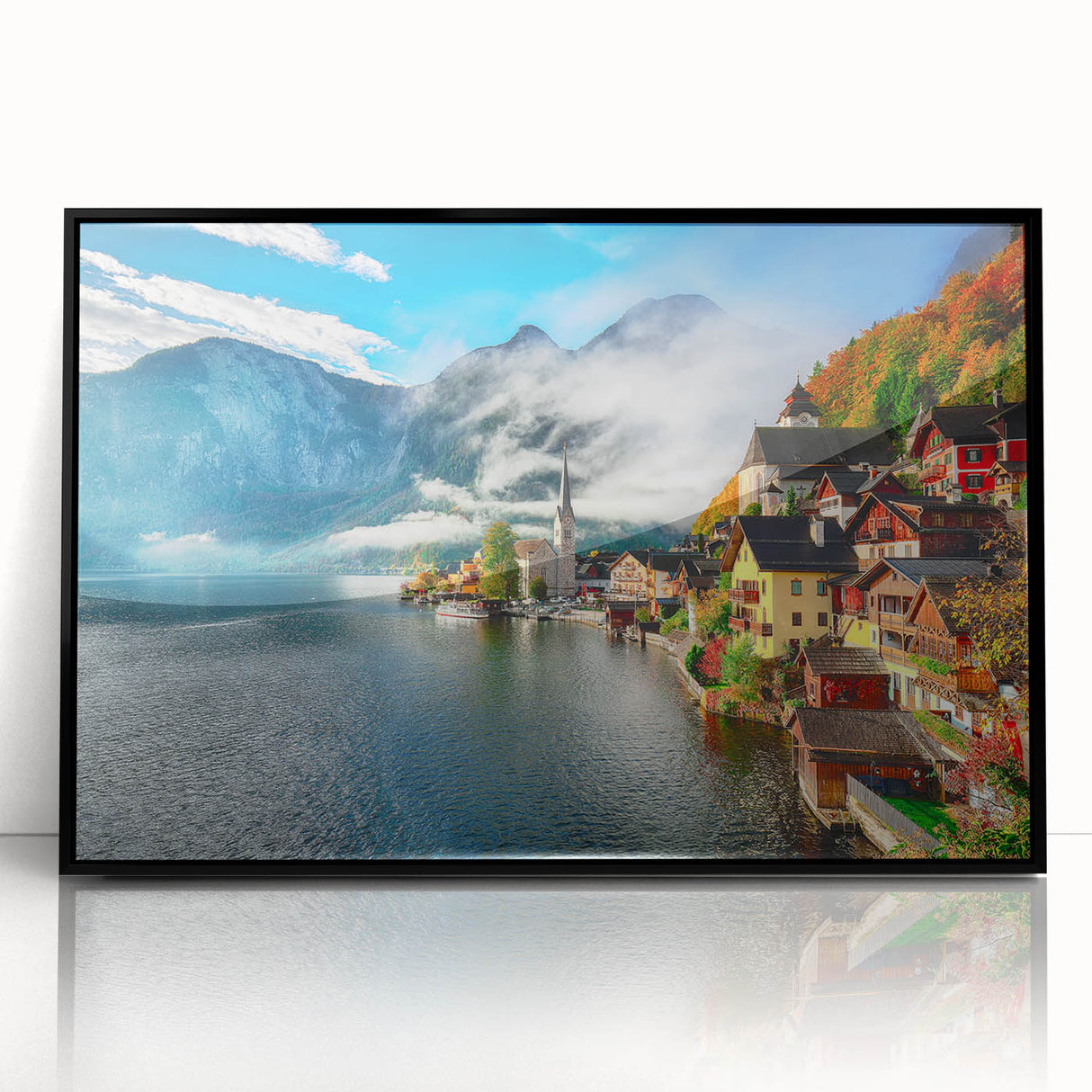Large abstract wall art depicting a European Austrian landscape in muted earth tones on a framed acrylic print.