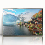 Large art print of a European Austrian landscape in muted earth tones on a silver-framed acrylic.