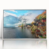 Mid-century modernist art depicting a serene Austrian landscape, in muted green and blue tones, framed acrylic print.