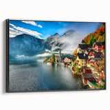 Black and white framed canvas of a vintage Austrian landscape, ideal for bedroom wall art.