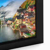 Extra large framed canvas featuring a textured depiction of a European scenery in Austria with a black background and…