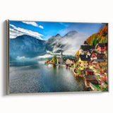 Framed canvas depicting a vintage-style Austrian landscape with colorful art elements.