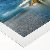 Art deco poster featuring a serene Austrian landscape in muted green and blue tones, printed on rolled canvas.