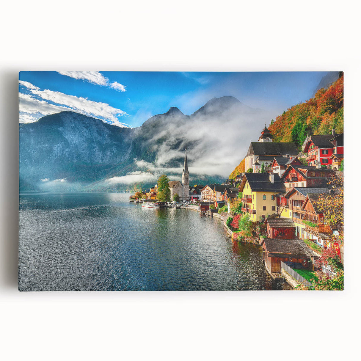 Black and white stretched canvas featuring a large scenic view of an Austrian landscape.