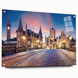 Acrylic print of a European cityscape in muted gray tones, suitable for bedroom or dining room decor.