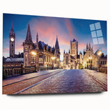 Large abstract wall art of a European scenery in muted tones on acrylic glass, ideal for bedroom or dining room decor.