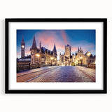 Abstract art print of a colorful European scenery in muted tones on a textured, extra large canvas.