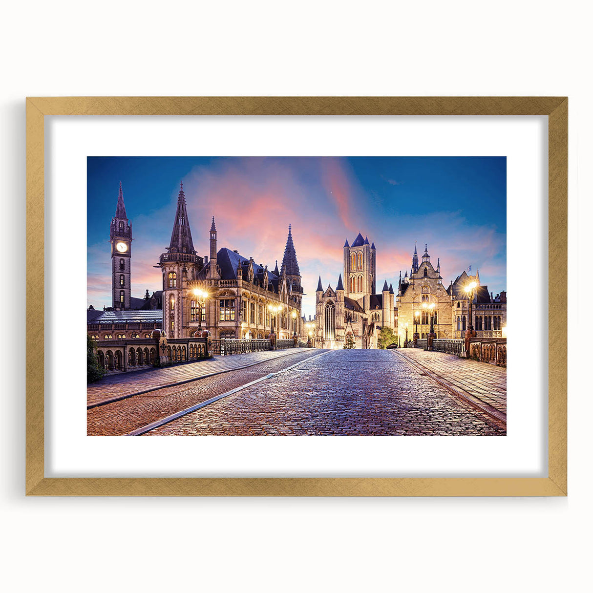 Abstract art print of a European cityscape in muted gray tones, framed in gold, ideal for dining room decor.