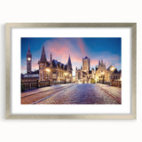 Extra large abstract art print of a European scenery in textured silver frame, ideal for living room decor.