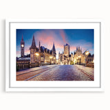 Textured art print of abstract European scenery in muted earth tones, framed with a white mat, suitable for bedroom decor.