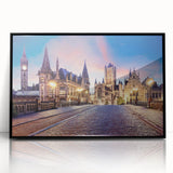 Large abstract wall art depicting a European scenery in muted earth tones on a framed acrylic.