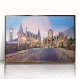 Art Deco poster depicting a scenic European landscape in gold and blue tones on framed acrylic.