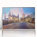 Mid-century modernist art depicting a vibrant European cityscape in acrylic, framed, ideal for nursery wall art.