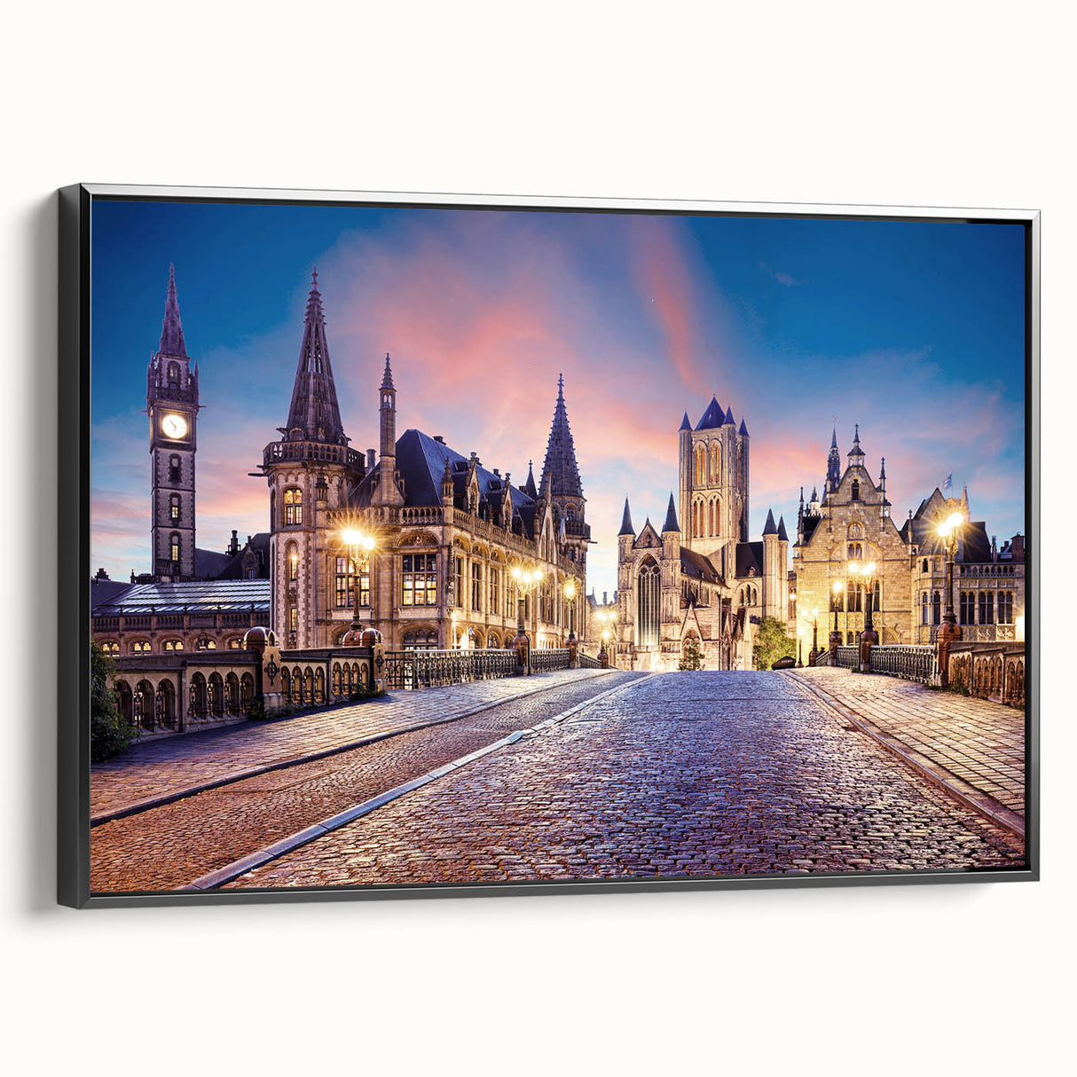 Black and white vintage poster art of a European landscape on framed canvas, suitable for bedroom decor.