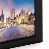 Textured black wall art depicting a vibrant European cityscape on a large framed canvas, suitable for living room decor.