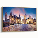 Framed canvas of a vintage-style Belgian landscape in muted gold and black tones, ideal for bedroom wall decor.