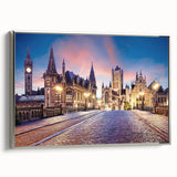 Framed canvas depicting a vintage-style European landscape with vibrant colors on a black background.