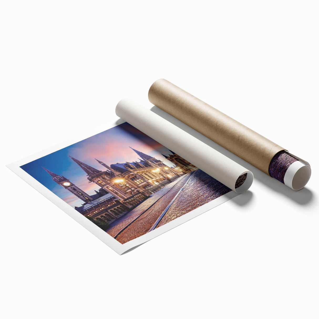 Extra large rolled print of a serene Belgian landscape featuring soft floral elements in pastel shades.