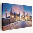 Large art print of a European cityscape in muted colors on stretched canvas, ideal for kitchen wall decor.