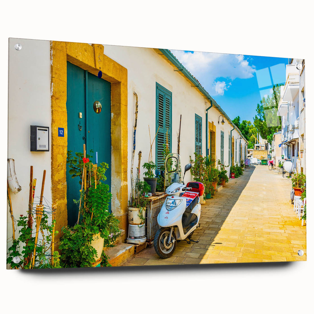 Acrylic print of a European Cyprus landscape with muted earth tones, ideal for dining room decor.