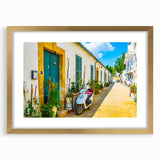 Abstract art print depicting a European Cyprus landscape in muted earth tones, framed in gold.