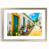 Extra large abstract art print of a European scenery in Cyprus, with textured details on a silver-framed mat.