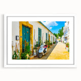 Textured art depicting a serene European landscape in muted earth tones on a framed white mat, ideal for bedroom decor.